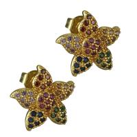 Brass Stud Earring, Flower, real gold plated, micro pave cubic zirconia & for woman 