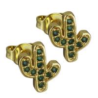 Brass Stud Earring, Opuntia Stricta, real gold plated, micro pave cubic zirconia & for woman 