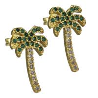 Brass Stud Earring, Palm Tree, real gold plated, micro pave cubic zirconia & for woman 