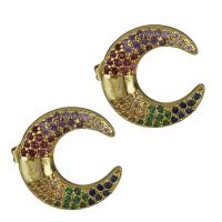 Brass Stud Earring, Moon, real gold plated, micro pave cubic zirconia & for woman 