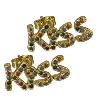 Brass Stud Earring, Alphabet Letter, word kiss, real gold plated, micro pave cubic zirconia & for woman 