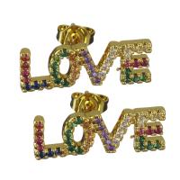 Brass Stud Earring, Alphabet Letter, word love, real gold plated, micro pave cubic zirconia & for woman 