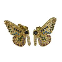 Brass Stud Earring, Butterfly, real gold plated, micro pave cubic zirconia & for woman 