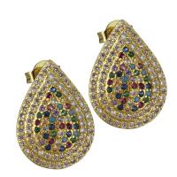 Brass Stud Earring, Teardrop, real gold plated, micro pave cubic zirconia & for woman 