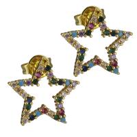 Brass Stud Earring, Star, real gold plated, micro pave cubic zirconia & for woman 