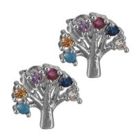 Brass Stud Earring, Tree, platinum plated, fashion jewelry & for woman & with cubic zirconia 