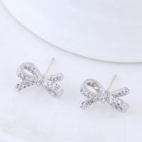 Brass Stud Earring, with Cubic Zirconia, stainless steel post pin, Bowknot, plated, for woman 13*7mm 