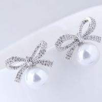Brass Stud Earring, with Cubic Zirconia & Plastic Pearl, stainless steel post pin, plated, for woman 22*20*12mm 