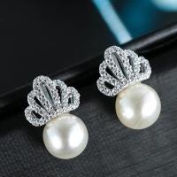 Cubic Zircon Brass Earring, with Cubic Zirconia & Plastic Pearl, stainless steel post pin, plated, for woman, silver color, 14*12mm 
