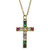 Cubic Zirconia Stainless Steel Necklace, with brass bail, with 2Inch extender chain, Crucifix Cross, gold color plated, oval chain & micro pave cubic zirconia & for woman 1.5mm Approx 17 Inch 