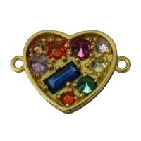 Cubic Zirconia Brass Connector, Heart, gold color plated, with cubic zirconia & 1/1 loop Approx 1.5mm 