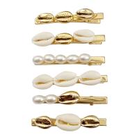 Alligator Hair Clip, Zinc Alloy, with ABS Plastic Pearl & Shell, gold color plated, 6 pieces & for woman, 60mm 