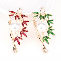 Zinc Alloy Jewelry Brooch, with Plastic Pearl, Bamboo, gold color plated, for woman & enamel & with rhinestone 