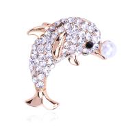 Rhinestone Zinc Alloy Brooch, with Plastic Pearl, Dolphin, plated, for woman & with rhinestone 