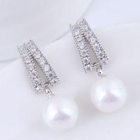 Cubic Zircon Brass Earring, with Cubic Zirconia & Plastic Pearl, stainless steel post pin, plated, for woman 22*10mm 