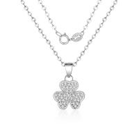 Cubic Zirconia Micro Pave Sterling Silver Necklace, Brass, Three Leaf Clover, plated, oval chain & micro pave cubic zirconia & for woman Approx 15.75 Inch 