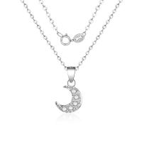 Cubic Zirconia Micro Pave Sterling Silver Necklace, Brass, Moon, plated, oval chain & micro pave cubic zirconia & for woman Approx 15.75 Inch 