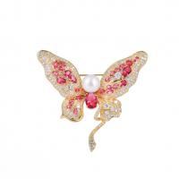 Zinc Alloy Jewelry Brooch, Brass, with Freshwater Pearl, Butterfly, real gold plated, micro pave cubic zirconia & for woman, red 