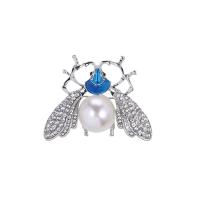 Zinc Alloy Brooch, with Plastic Pearl, Insect, silver color plated, for woman & enamel & with rhinestone 