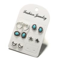 Zinc Alloy Stud Earring Set, Stud Earring, with turquoise, stainless steel post pin, plated, 5 pieces & for woman, silver color 