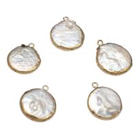 Cultured Freshwater Pearl Brass Pendant, with Brass, Flat Round, gold color plated, DIY, white - Approx 1.8mm 
