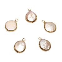 Cultured Freshwater Pearl Brass Pendant, with Brass, Flat Round, gold color plated, white - Approx 1.7mm 