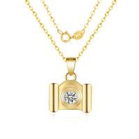 Cubic Zirconia Sterling Silver Necklace, Brass, Camera, gold color plated, oval chain & for woman & with cubic zirconia Approx 15.75 Inch 