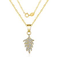 Cubic Zirconia Micro Pave Sterling Silver Necklace, Brass, Leaf, gold color plated, oval chain & micro pave cubic zirconia & for woman Approx 15.75 Inch 