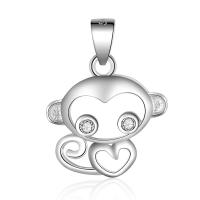 Sterling Silver Animal Pendants, Brass, Monkey, silver color plated, micro pave cubic zirconia 