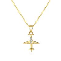 Cubic Zirconia Micro Pave Sterling Silver Necklace, Brass, Airplane, gold color plated, oval chain & micro pave cubic zirconia & for woman Approx 15.75 Inch 