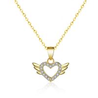 Cubic Zircon Micro Pave Sterling Silver Necklace, Brass, Winged Heart, gold color plated, oval chain & micro pave cubic zirconia & for woman & hollow Approx 15.75 Inch 