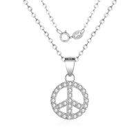 Cubic Zirconia Micro Pave Sterling Silver Necklace, Brass, Peace Logo, plated, oval chain & micro pave cubic zirconia & for woman & hollow Approx 15.75 Inch 