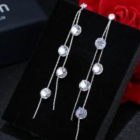 Cubic Zircon Brass Earring, stainless steel post pin, plated, for woman, silver color, 62*8mm 