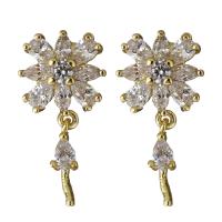 Brass Earring Drop Component, gold color plated, with cubic zirconia 16mm,0.8mm 