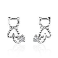 Sterling Silver Stud Earring, Brass, Cat, silver color plated, for woman & with cubic zirconia & hollow 