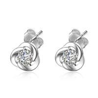 Sterling Silver Cubic Zirconia Earring, Brass, Three Leaf Clover, silver color plated, for woman & with cubic zirconia, 7.4mm 