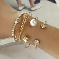 Zinc Alloy Multi Bangle Sets, with Plastic Pearl, plated, 4 pieces & for woman & with rhinestone, golden 