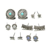 Zinc Alloy Stud Earring Set, Stud Earring, with turquoise, stainless steel post pin, plated, 6 pieces & for woman, silver color 