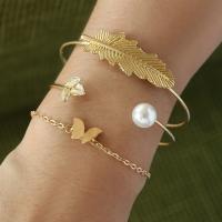 Zinc Alloy Bracelet Set, cuff bangle & bracelet, with Plastic Pearl, plated, three pieces & for woman, gold 