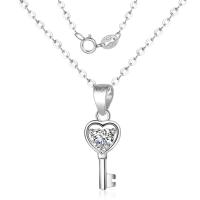 Cubic Zirconia Sterling Silver Necklace, Brass, Key, silver color plated, oval chain & for woman & with cubic zirconia Approx 15.75 Inch 