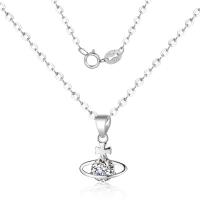 Cubic Zirconia Sterling Silver Necklace, Brass, silver color plated, oval chain & for woman & with cubic zirconia & hollow Approx 15.75 Inch 