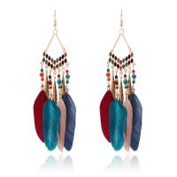 Zinc Alloy Tassel Earring, with Seedbead & Feather, gold color plated, folk style & for woman 