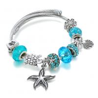 Stainless Steel  European Bracelets, with Crystal & Zinc Alloy, Starfish, silver color plated, for woman & with rhinestone, blue, 600mm 
