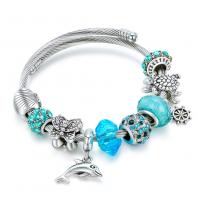 Stainless Steel  European Bracelets, with Crystal & Zinc Alloy, silver color plated, Adjustable & for woman & with rhinestone, blue, 600mm 