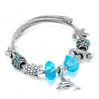 Stainless Steel  European Bracelets, with Crystal & Zinc Alloy, silver color plated, Adjustable & for woman & with rhinestone, blue, 600mm 