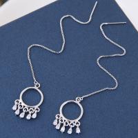 Brass Thread Through Earrings, with Cubic Zirconia, plated, for woman, silver color 