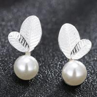 Brass Stud Earring, with Plastic Pearl, stainless steel post pin, plated, for woman, silver color, 15*8mm 