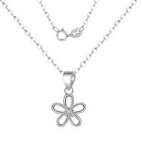 Cubic Zirconia Sterling Silver Necklace, Brass, Flower, silver color plated, oval chain & for woman & with cubic zirconia & hollow Approx 15.75 Inch 