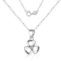 Cubic Zirconia Sterling Silver Necklace, Brass, Three Leaf Clover, silver color plated, oval chain & for woman & with cubic zirconia & hollow Approx 15.75 Inch 