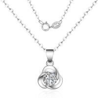 Cubic Zirconia Sterling Silver Necklace, Brass, Three Leaf Clover, silver color plated, oval chain & for woman & with cubic zirconia Approx 15.75 Inch 